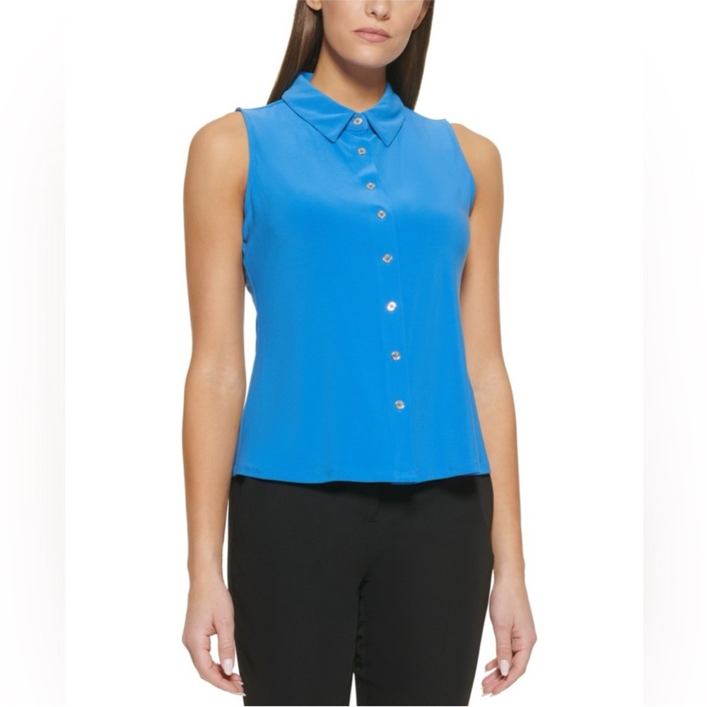 New Tommy Hilfiger Blue Sleeveless Top Collared Button Down Size Large
